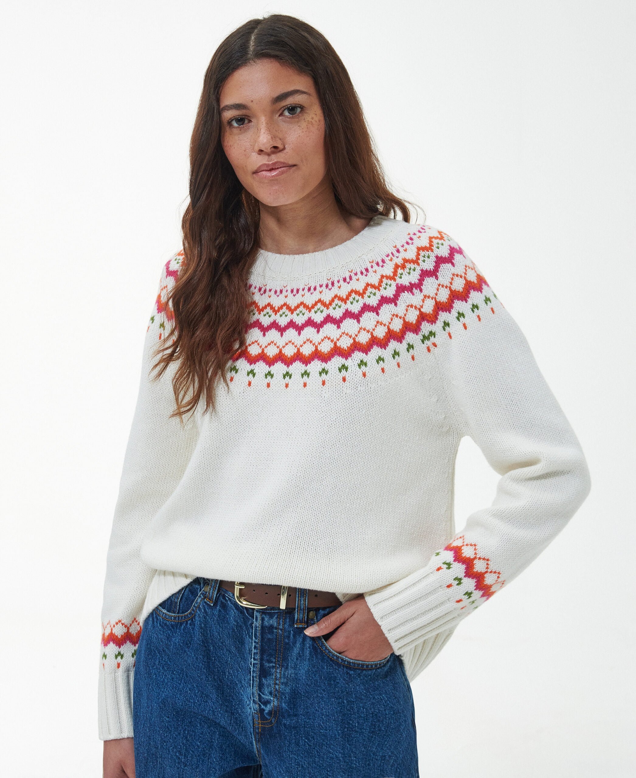 Crew neck knit with fairisle design around front and back yoke and cuffs. Full length raglan sleeves, finished with ribs at the cuff and hem. ID patch at back neck.